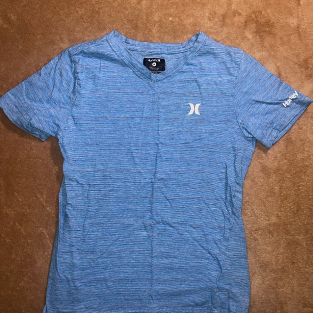 Hurley Youth Boy Medium (10-12) Light Blue V-Neck Short Sleeve White Logo Shirt